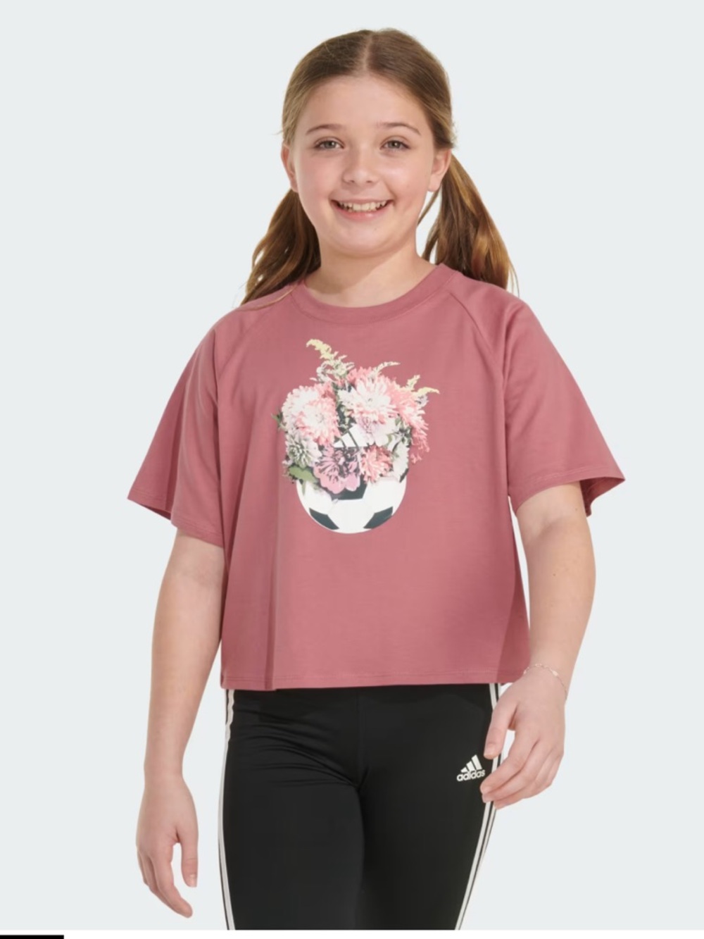 Adidas Girls' Short Sleeve Waist Length Raglan Tee, Rose Color,Size Large(14).